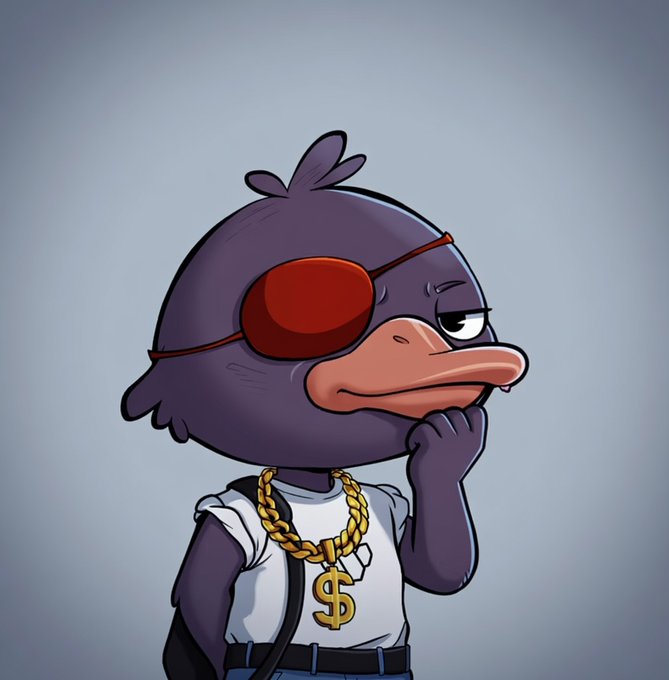 The image features a cartoon duck wearing a gold chain around its neck, standing against a gray background. The duck has a bandana covering one eye and appears to be pondering something with a thoughtful expression. The caption above the image reads "Wallchain is different. I’ve been saying that for months. @wallchain is interesting because it takes a different approach, using different parameters to determine the value of content or an account."