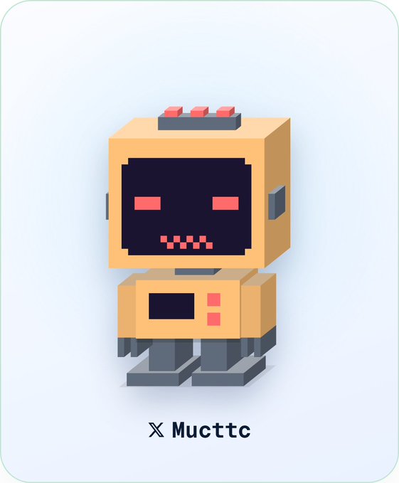 A voxel-style robot character card with a pink pixelated smile, labeled 'X Mucittc' at the bottom.