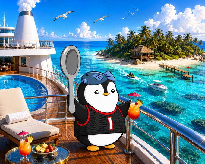 A cartoon penguin wearing a jersey with the number 1, sunglasses, and holding a large spoon and tropical drink, stands on the deck of a cruise ship overlooking a tropical island with turquoise water and palm trees.