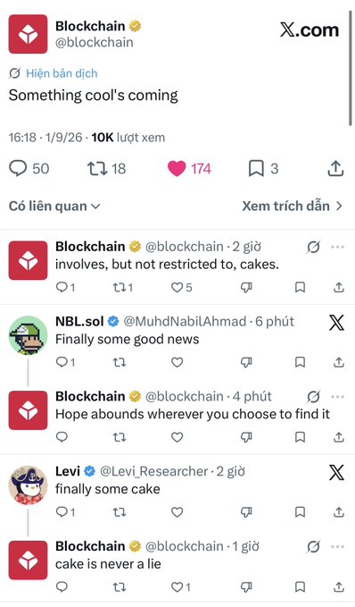 A screenshot of an X.com thread from user @blockchain, beginning with the post "Something cool's coming" (16:18, 1/9/26, 10K views, 174 likes) and continuing with replies like "involves, but not restricted to, cakes," "Finally some good news," "Hope abounds wherever you choose to find it," and "cake is never a lie." The thread appears to be teasing the upcoming Pi Network ($PI) announcement, matching the caption about something cool involving Pie (@PiCoreTeam).
