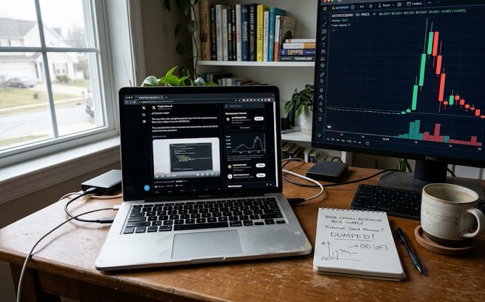 A home office desk setup featuring a MacBook and monitor displaying stock charts and the X platform, alongside a notebook with handwritten notes and a coffee mug.