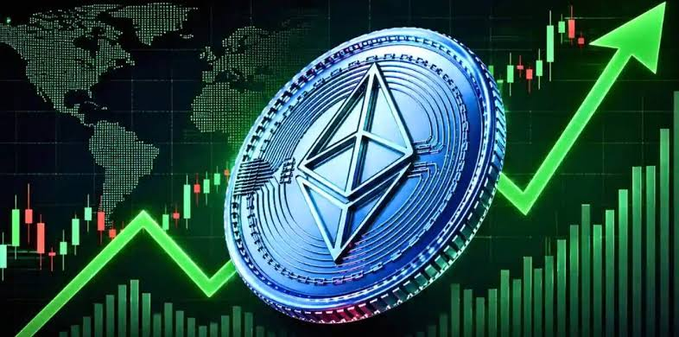 A graphic showing an Ethereum (ETH) coin against a green world map and stock chart background with an upward green arrow indicating rising price/value.