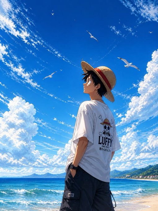 An anime-style illustration of a boy wearing a straw hat and a white t-shirt with a skull logo and 'LUFFY ONE PIECE' text, standing on a beach looking up at a blue sky with seagulls.