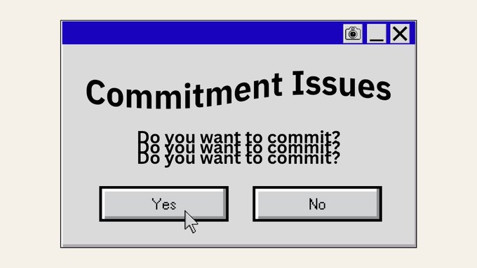 A humorous digital illustration of a retro computer dialog box titled 'Commitment Issues' asking 'Do you want to commit?' three times in a glitchy text effect, with a cursor hovering over the 'Yes' button.