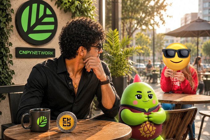 A curly-haired man in a black shirt sits at an outdoor café table beside a green Sleepagotchi character and a smiley-face emoji wearing sunglasses, with a "CNPYNETWORK" logo on the wall and a mug/coin displaying "$S" branding—visually reinforcing the post's message about building with Sleepagotchi's AI-first philosophy on CNPY Network's NucleusCodes platform.