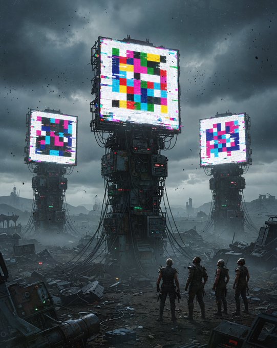 Four figures stand amid a desolate, post-apocalyptic wasteland, dwarfed by three towering, dilapidated structures displaying glitching pixelated color bars like test patterns. The scene evokes the haunting concept of Credits NFTs by @jackbutcher on Beeple's latest piece, symbolizing corrupted digital remnants in a decaying world.