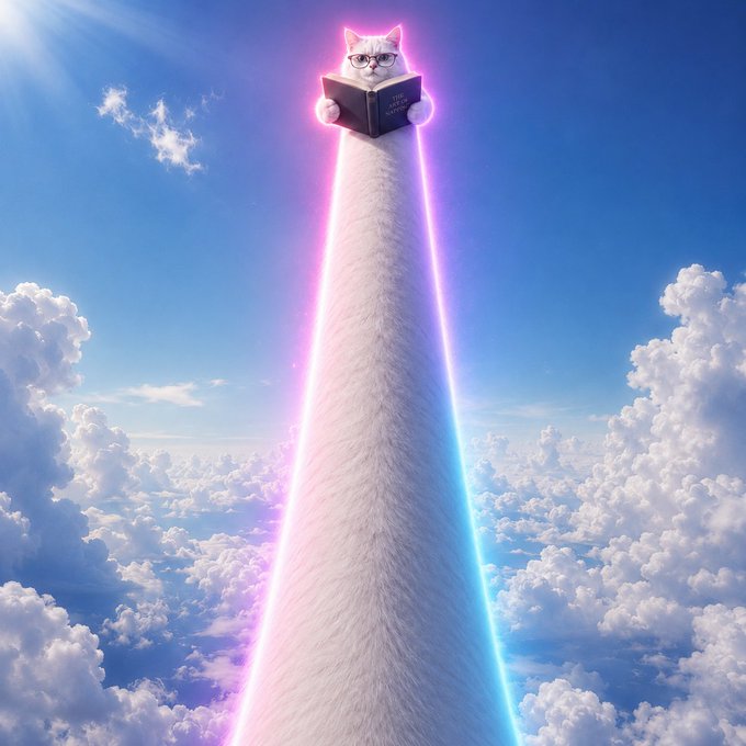 A surreal image of a white cat wearing glasses, reading a book at the top of a tall white fur pillar stretching into the clouds, outlined with pink and blue neon light.