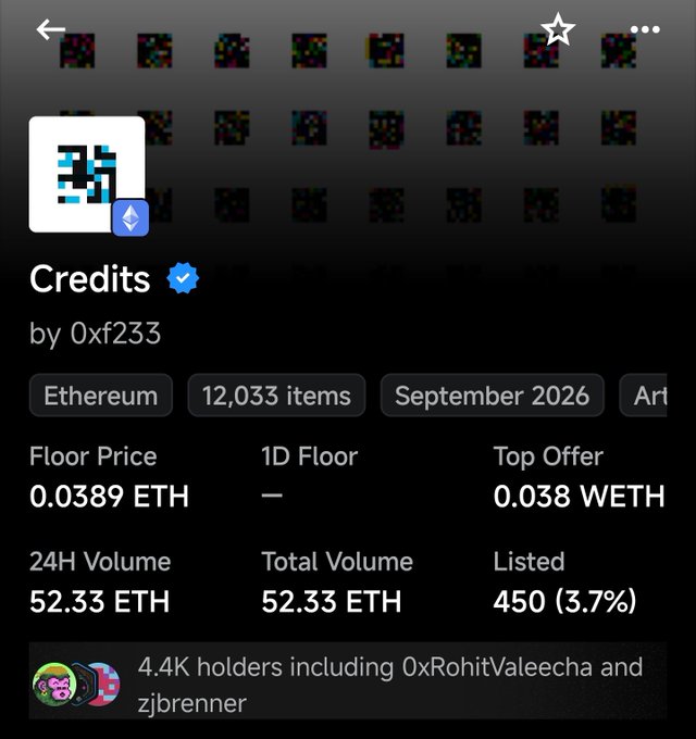 An NFT collection page on OpenSea for 'Credits' by 0xf233, an Ethereum-based collection with 12,033 items, showing a floor price of 0.0389 ETH and 4.4K holders.