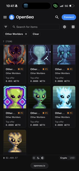 A mobile screenshot of the OpenSea app displaying 7 NFT items from the 'Other Worlders' collection, showing pixel art creature characters with top offers ranging from 0.0005 WETH to 0.055 WETH, with a portfolio value of $2,489.57.