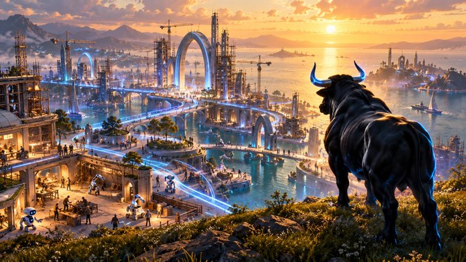 A fantasy digital artwork of a large black bull with glowing blue horns overlooking a futuristic futuristic coastal city with arching bridges and sunsets.