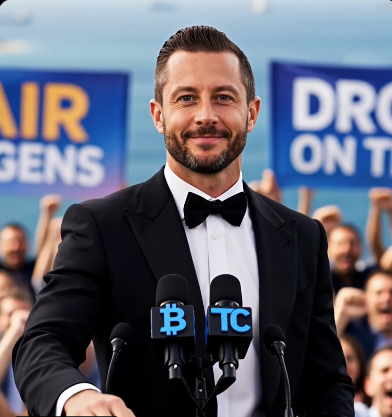 A sharply dressed man in a black tuxedo with a bow tie stands at a podium displaying "$B" and "TC" microphone logos, smiling confidently while speaking to a cheering crowd holding "AIR" and "DROP" signs in the background. The image conveys a triumphant, no-nonsense energy that aligns with the post's confrontational declaration against scammers and skeptics, presenting the speaker as a victorious figure launching a new era for the $TBB token amid an enthusiastic audience.