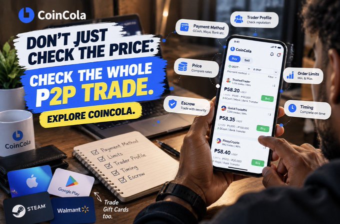 A promotional advertisement for 'CoinCola' featuring the text 'DON'T JUST CHECK THE PRICE: CHECK THE WHOLE P2P TRADE.' alongside a person using the CoinCola app on a smartphone.