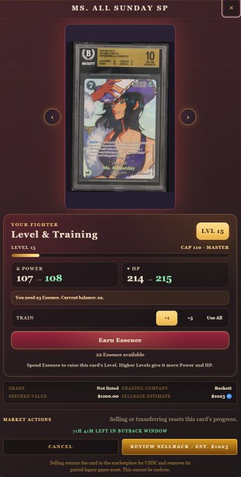 A digital card trading interface titled 'MS. ALL SUNDAY SP' shows a Level & Training screen at LVL 15 with 108 Power and 215 HP, offering options to train or earn Essence.