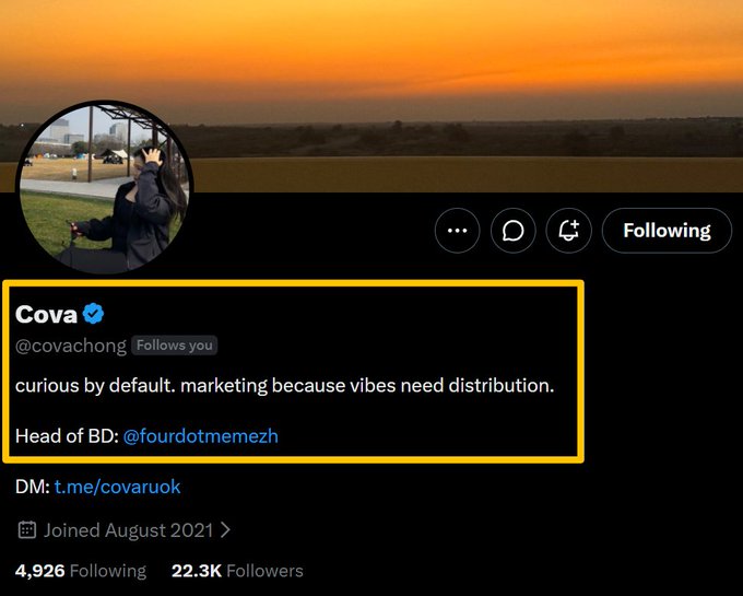 A Twitter profile page for 'Cova' (@covachong) shows the bio 'curious by default. marketing because vibes need distribution. Head of BD: @fourdotmemezh' with 4,926 Following and 22.3K Followers, highlighted by a yellow box.