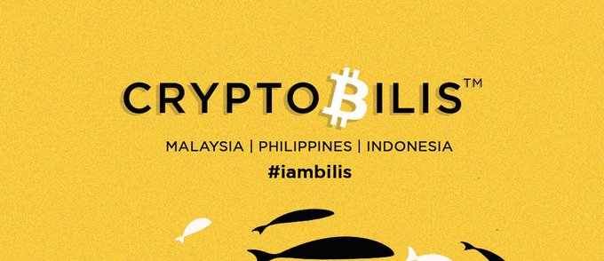 A yellow promotional banner for 'CRYPTO BILIS™' featuring Malaysia, Philippines, and Indonesia, with the hashtag '#iambilis'.