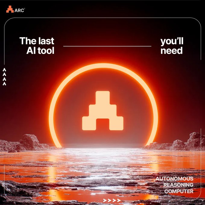 The image shows a computer screen with a red circle containing a white triangle inside of it. Below this image, there are two lines of text that read "The last AI tool you'll ever need" and "Autonomous reasoning computer". The first line is about an AI tool, while the second line is about a computer.