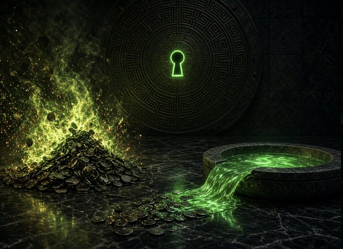 A dark fantasy scene featuring a glowing green keyhole symbol above a pile of gold coins engulfed in green flames, with green liquid pouring from a stone basin.