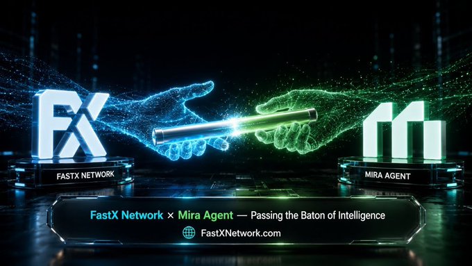 The image shows a futuristic handshake between two glowing digital hands—a blue one labeled "FX (FastX Network)" and a green one labeled "M (Mira Agent)"—symbolizing a partnership, with the tagline "FastX Network × Mira Agent — Passing the Baton of Intelligence" and the website FastXNetwork.com displayed below.

This visual directly reinforces the post's announcement of the FastX Network and Mira Agent collaboration, using the baton-passing metaphor to illustrate how their combined AI and blockchain analytics capabilities complement each other to tackle on-chain data complexity.