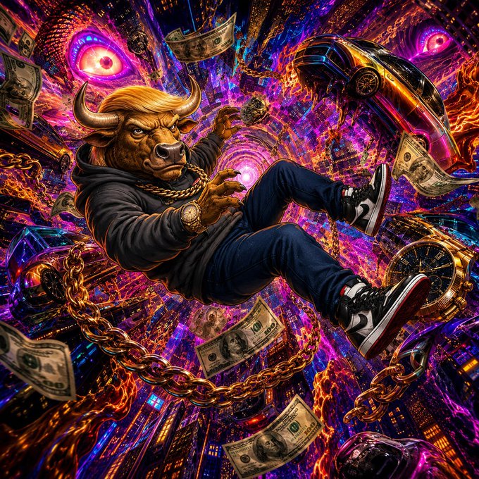 A vibrant psychedelic digital illustration features an anthropomorphic bull with golden hair wearing a hoodie, gold chains, and Air Jordans, floating amid dollar bills, luxury watches, chains, and sports cars against a surreal cosmic background with glowing eyes.