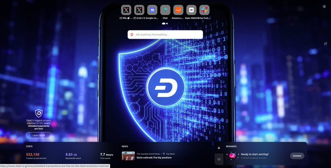 A screenshot of a homepage featuring a smartphone displaying the Dash logo, with encrypted network statistics ('6.83 GB', '7.7 Mnops') and a Bitcoin (BTC) price ticker at $52,150 in the bottom left corner.