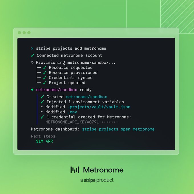 The image shows a computer screen displaying a black monitor that has some text written on it. The title of the image reads "stripe projects add Metronome", which introduces the concept of using a metronome for project management purposes within the context of a project management toolkit. The image also provides information about how to use Stripe Projects and the provided Metronome instance, making it accessible for users who want to integrate the metronome with their projects.
