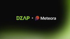A logo graphic displaying "DZAP × Meteora" in white and green text on a dark background with green accent lighting.