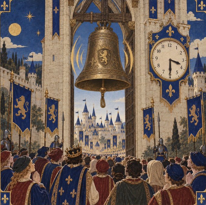 An illustrated medieval scene depicting a crowd gathered beneath a large ornate bell and a clock tower, with castle architecture and lion banners in the background.