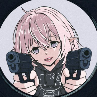 An anime-style illustration shows a girl with pinkish hair and fangs pointing two handguns directly at the viewer through what appears to be a scope or lens.