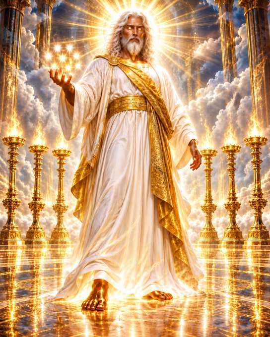 An AI-generated image depicting a divine, god-like figure with a white beard and golden robes, standing amidst glowing golden pillars and clouds.