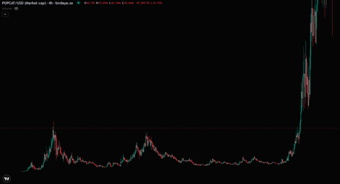 A 4-hour candlestick chart on Birdeye.so displays POPCAT/USD market cap data, showing a price of $0.00 with a high of $0.72, low of $0.42, and a market cap of 47,367.95 USD, illustrating POPCAT's dramatic parabolic surge on the right side following a long period of sideways consolidation—visually echoing the early breakout pattern referenced in the comparison to $HMM.