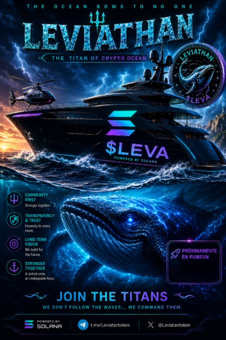 A promotional poster for the '$LEVA' crypto token on the Solana blockchain, featuring a yacht and a whale with the tagline 'JOIN THE TITANS' and 'WE DON'T FOLLOW THE WAVES... WE COMMAND THEM.'