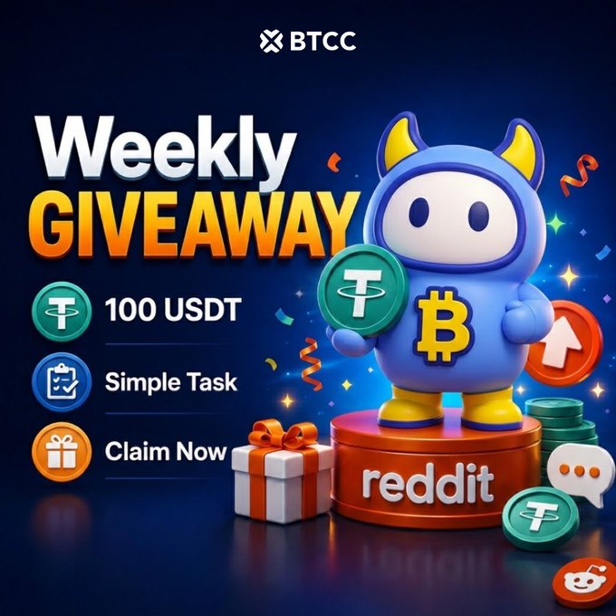 A promotional graphic for a BTCC 'Weekly GIVEAWAY' featuring a blue mascot holding crypto coins, advertising rewards like '100 USDT' with steps 'Simple Task' and 'Claim Now,' alongside Reddit and Telegram icons.