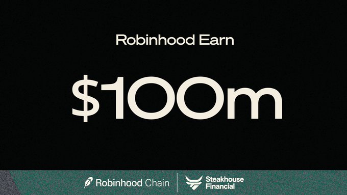 A promotional graphic celebrating 'Robinhood Earn' reaching $100M, partnered with Robinhood Chain and Steakhouse Financial.
