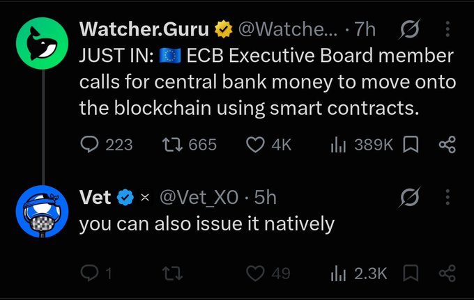 A screenshot of tweets from Watcher.Guru reporting that an ECB Executive Board member calls for central bank money to move onto the blockchain using smart contracts, with a reply from Vet.