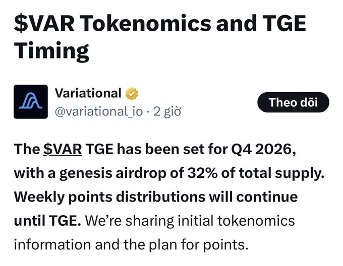 A social media post from 'Variational' (@variational_io) titled '$VAR Tokenomics and TGE Timing', stating the TGE is set for Q4 2026 with a 32% genesis airdrop.
