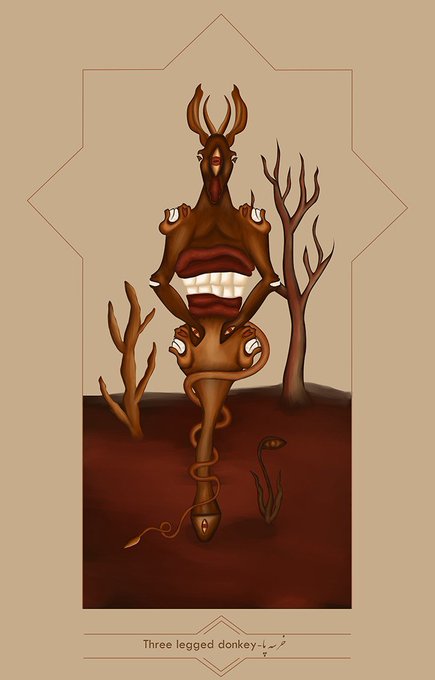 A stylized artwork depicting a surreal 'Three legged donkey' creature with multiple eyes, horns, and a serpentine lower body, framed within a decorative border with the caption 'Three legged donkey' at the bottom.