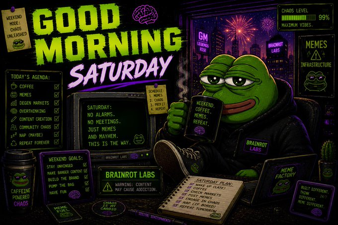 A "GOOD MORNING SATURDAY" meme graphic featuring a Pepe-style frog drinking from a "BRAINROT LABS" mug, with various to-do lists, "CHAOS LEVEL 99%" indicators, and weekend goals displayed around the scene.