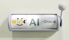 A slot machine displays "WIN," "AI," and "Oracle" on its reels, visually representing the intersection of winning, artificial intelligence, and oracle technology described in the accompanying post about combining AI, oracles (WINkLink), and blockchain execution (TRON).