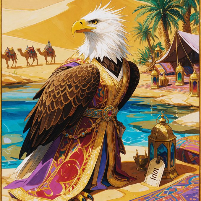 An illustrated artwork of a bald eagle adorned in ornate Arabian-style royal robes standing in a desert oasis setting with camels, tents, and golden lanterns.