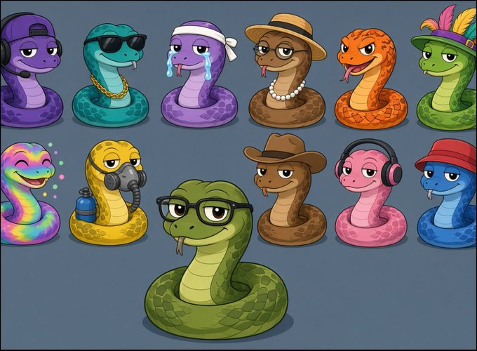 A digital illustration displays twelve cartoon snakes, each with distinct accessories and personalities—including headphones, sunglasses, a gas mask, a fedora, a sun hat, and a feathered cap—arranged in rows against a gray background, with a larger green bespectacled snake featured prominently in the foreground. The collection represents the "Slippy Club" NFT characters, where each unique design embodies a different identity or vibe, inviting viewers to claim the one that matches their own energy.