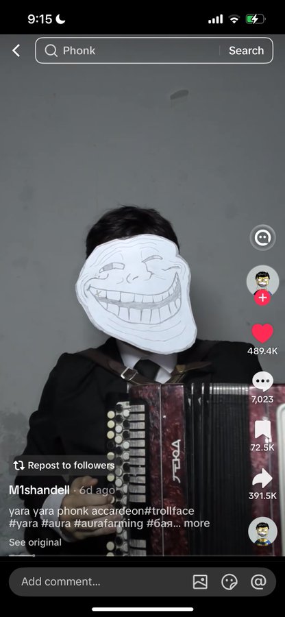 A TikTok video screenshot showing a person wearing a drawn trollface mask over their face while holding a Yara accordion, with the username M1shandell, hashtags including #trollface and #yara, 489.4K likes, and a search for 'Phonk' at the top.