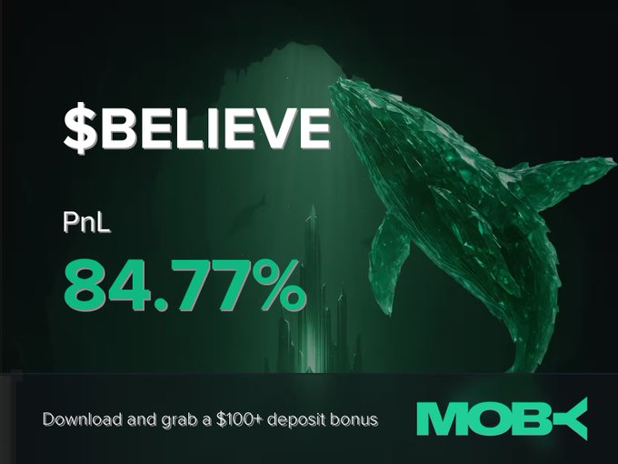 A Moby Mobile promotional graphic featuring a whale diving beneath the surface alongside the "$BELIEVE" ticker, highlighting a trader win with a PnL of 84.77% and a "$100+ deposit bonus" download offer at the bottom.