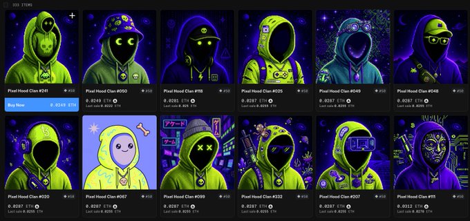 A grid display of various "Pixel Hood Clan" NFT avatars, mostly featuring green hooded figures with different designs and traits against dark backgrounds.