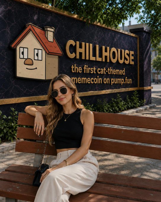 A stylish woman in sunglasses sits on a wooden bench in front of a sign for "CHILLHOUSE — the first cat-themed memecoin on pump.fun," featuring a cartoon house logo with a cat face, tying the relaxed vibe to the $gchill memecoin brand.