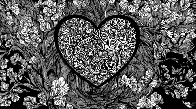 Intricate black and white illustration of a detailed ornamental heart surrounded by floral and botanical patterns.