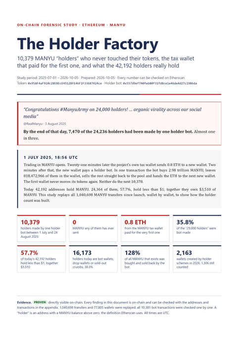An infographic titled 'The Holder Factory' presenting an on-chain forensic study about Ethereum MANYU token holders, showing statistics like 10,379 holders and 35.8% bot-made wallets.