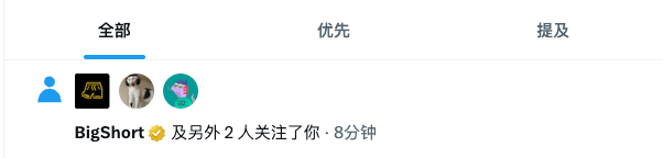 A social media notification screenshot in Chinese showing tabs for '全部' (All), '优先' (Priority), and '提及' (Mentions), with a notification that 'BigShort 及另外 2 人关注了你 · 8分钟' (BigShort and 2 others followed you · 8 minutes ago).