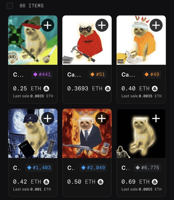 A screenshot of an NFT marketplace displaying 86 items, including several cat-themed collectibles with prices ranging from 0.25 ETH to 0.69 ETH.