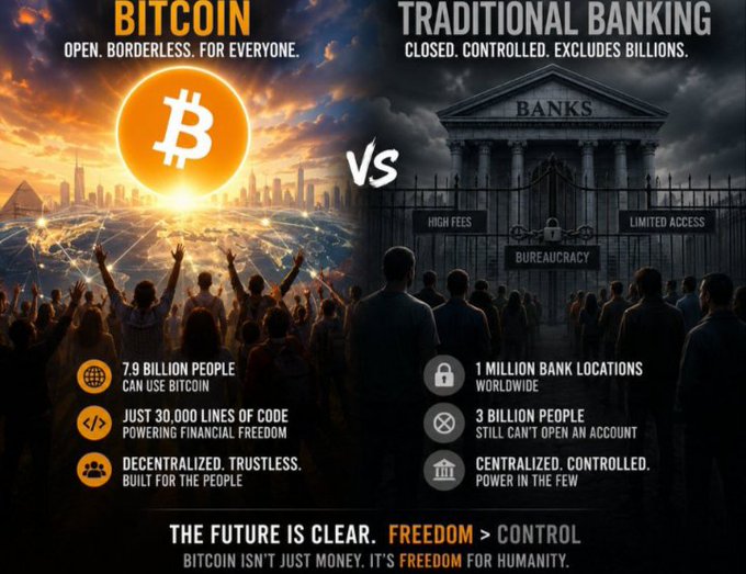 A split-screen infographic contrasts "Bitcoin—Open. Borderless. For Everyone" with "Traditional Banking—Closed. Controlled. Excludes Billions," featuring statistics like "7.9 billion people can use Bitcoin" and "3 billion people still can't open an account," while highlighting Bitcoin's "30,000 lines of code" empowering "Financial Freedom." The image visually reinforces the post's message about Satoshi's creation of a permissionless, decentralized alternative to the traditional banking system.