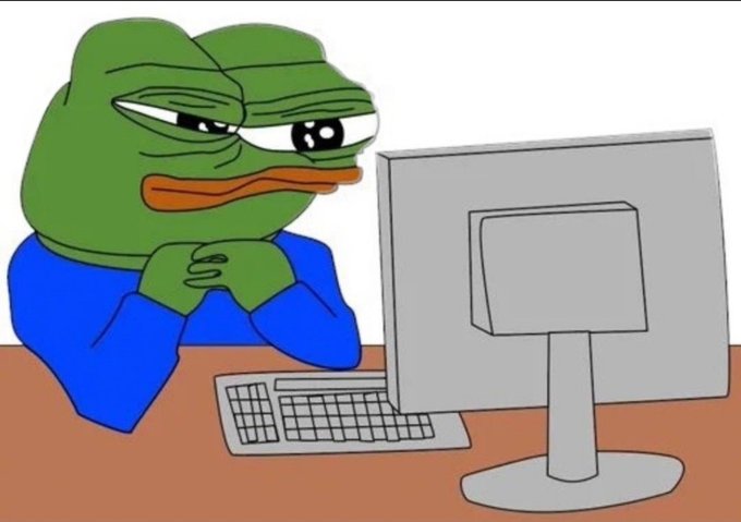 A green Pepe the Frog sits intently at a computer, hands clasped with a focused expression as he watches the screen—mirroring the post's excitement about the market turning green and the anticipation of altseason, with Ethereum ($ETH) appearing poised for a strong move.